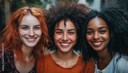 Three women smiling together, promoting equity in career advancement outside