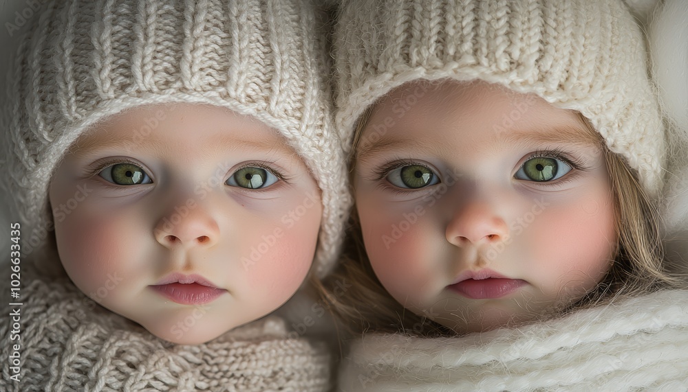A sweet image of two babies in knitted sweaters and hats, their bright green eyes glowing in the soft light, the texture of the knitwear adding a sense of warmth and comfort. A sweet image of two babies in knitted sweaters and hats, their bright green eyes glowing in the soft light, the texture of the knitwear adding a sense of warmth and comfort.