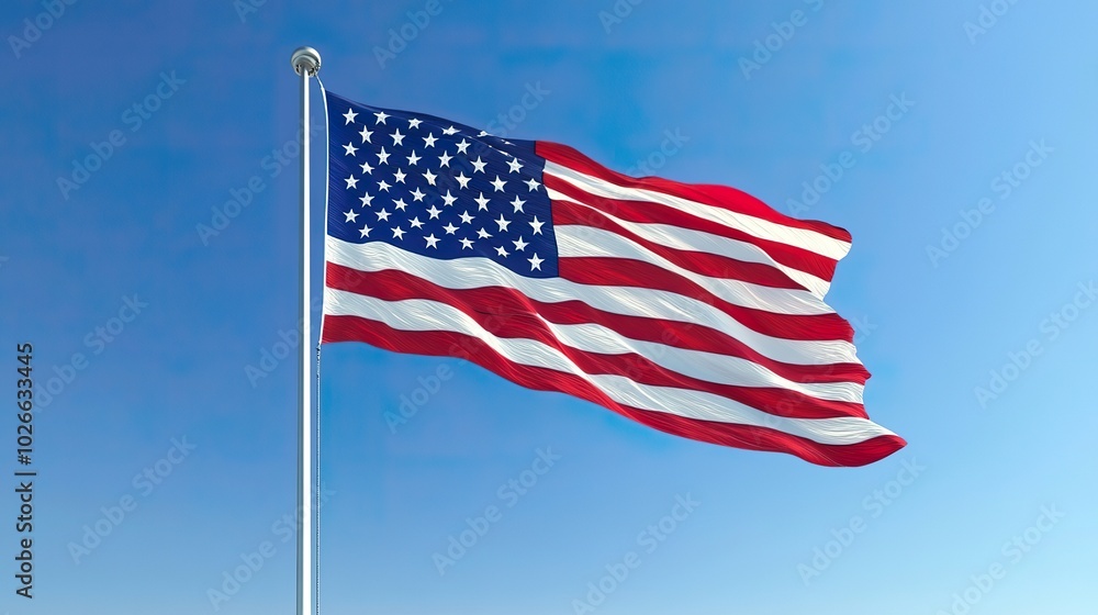 Naklejka premium A classic American flag waving gently in the breeze against a clear blue sky