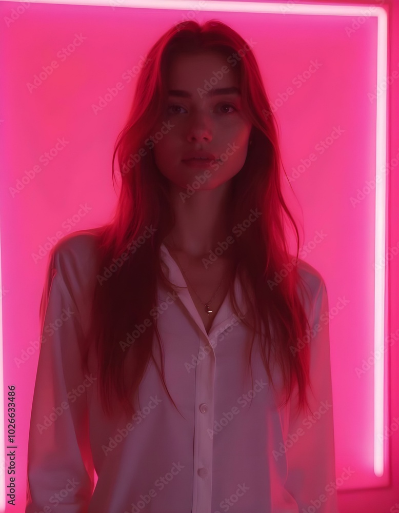 A young Caucasian woman with long brown hair, wearing a white shirt , standing in front of a pink neon light background A young Caucasian woman with long brown hair, wearing a white shirt , standing in front of a pink neon light background
