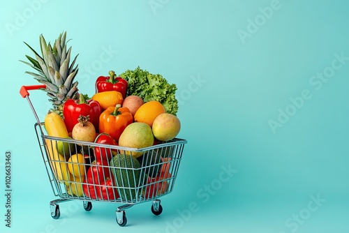 Shopping basket full of different grocery products on blue background