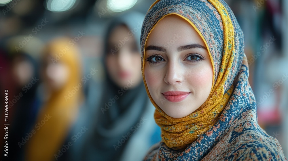 A young woman wearing a hijab smiles at the camera, with other women in the background. A young woman wearing a hijab smiles at the camera, with other women in the background.