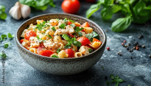 Fresh pasta primavera with vibrant vegetables and garlic sauce in a rustic bowl