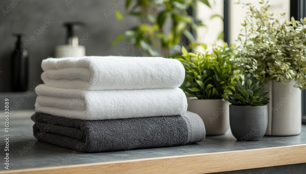 Freshly washed towels arranged neatly in a cozy bathroom with greenery Freshly washed towels arranged neatly in a cozy bathroom with greenery