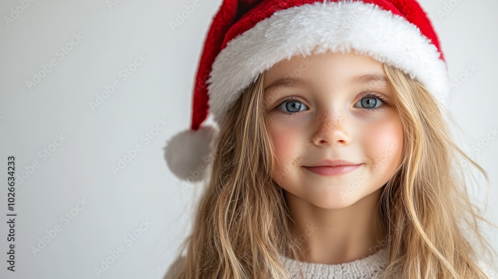 A young girl with long blonde hair smiles at the camera while wearing a Santa hat. A young girl with long blonde hair smiles at the camera while wearing a Santa hat.