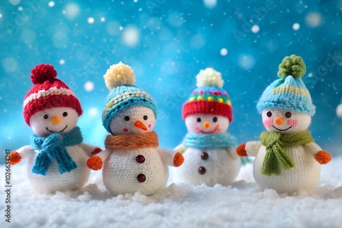 Wallpaper Mural A group of cute knitted snowmen wearing colorful hats and scarves standing on snow with a snowy blue background. Ideal for festive designs or holiday promotions with copy space available. Torontodigital.ca
