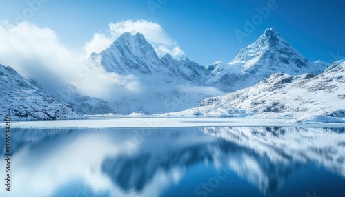 Wallpaper Mural Snow-capped mountains reflect in icy lakes under a clear winter sky Torontodigital.ca