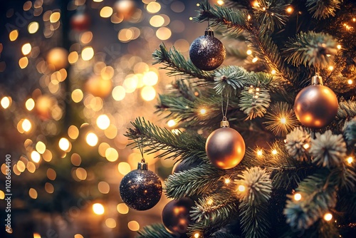  Close-up of a Christmas tree with golden baubles and glittering lights, creating a warm, festive atmosphere. The image has ample copy space for personalized holiday greetings or designs.