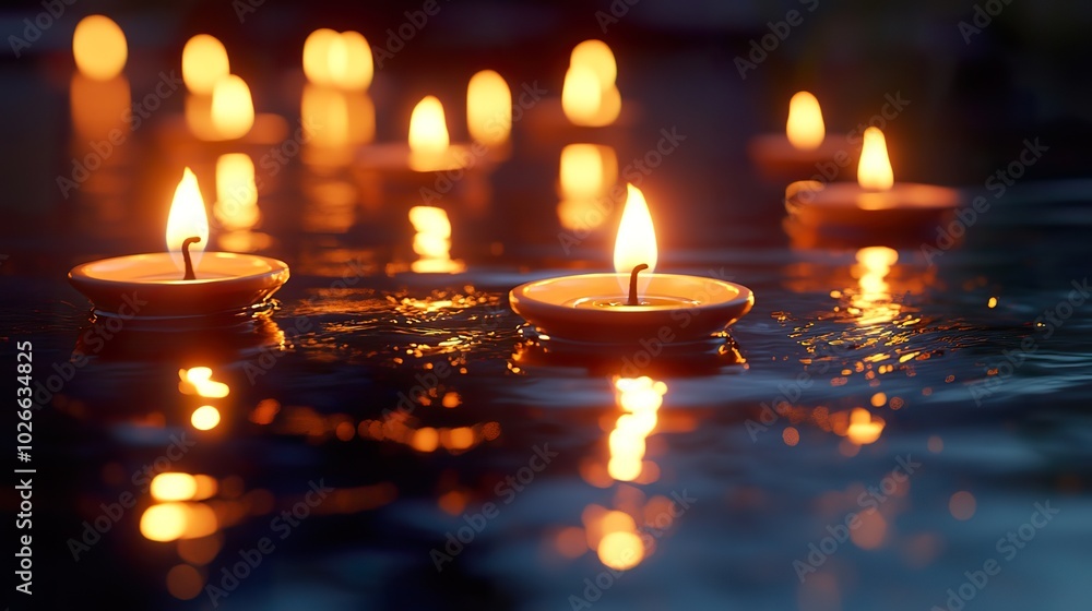 A cluster of lit candles reflecting on a water surface, creating a serene and tranquil Diwali setting A cluster of lit candles reflecting on a water surface, creating a serene and tranquil Diwali setting