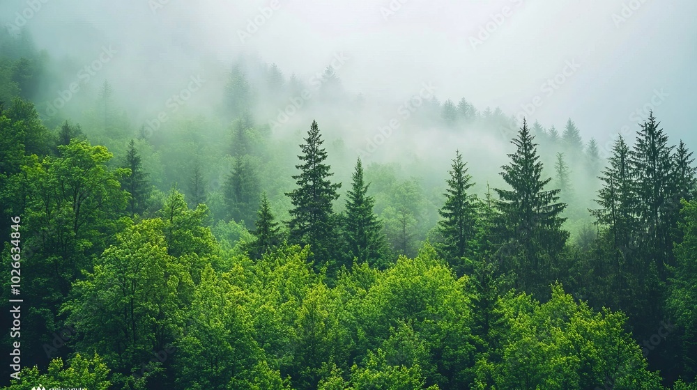 The scene showcases a dense forest of vibrant, lush green trees enveloped in a mystical layer of fog, creating a peaceful and calming ambiance. The scene showcases a dense forest of vibrant, lush green trees enveloped in a mystical layer of fog, creating a peaceful and calming ambiance.