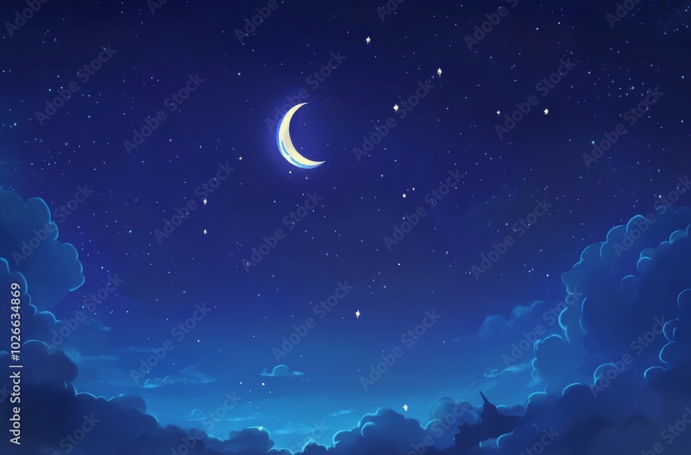 night sky illustration featuring stars and a crescent moon in a blue color scheme. night sky illustration featuring stars and a crescent moon in a blue color scheme.