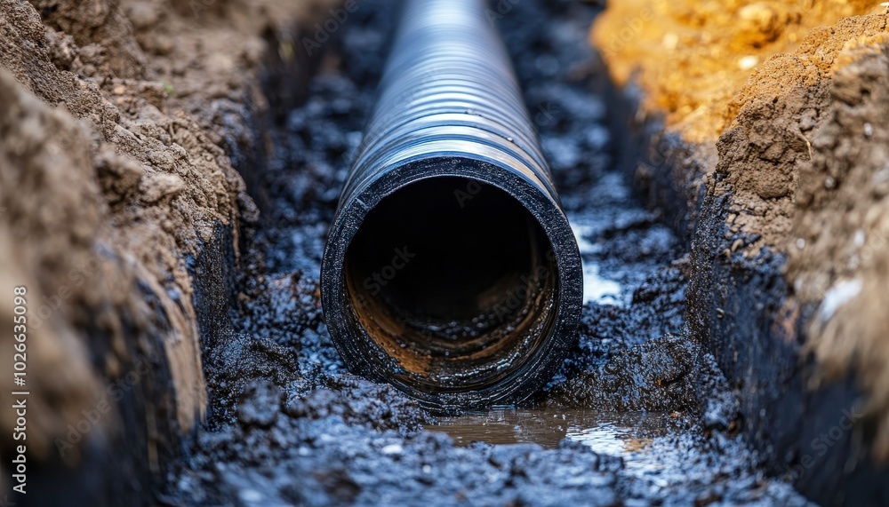Water Main Laying Process Water main installation process showing pipes laid in a trench at a ...