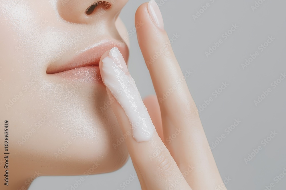 Naklejka premium Woman touching her face with a contour line on her cheek, symbolizing skin tightening or lifting treatment, soft and smooth skin texture