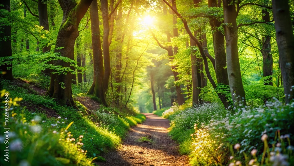 Fototapeta premium Enchanted Pathway Through a Lush Forest with Bokeh Effect for Nature Lovers