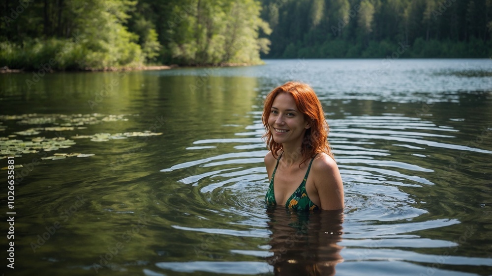 Fototapeta premium Young woman with red hair smiling while swimming in a peaceful forest lake surrounded by nature