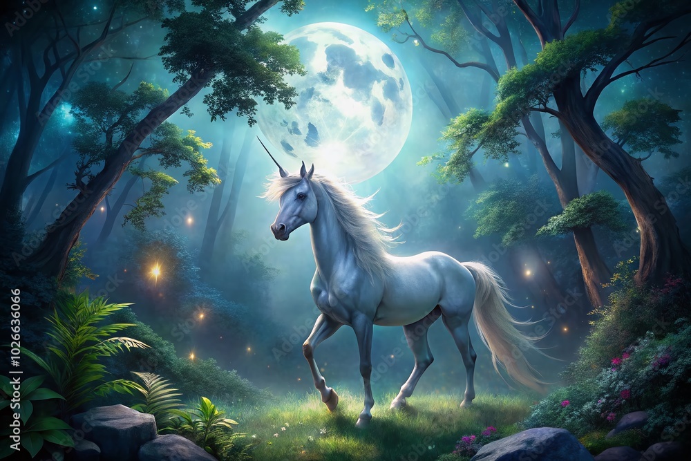 Enchanted Unicorn in Moonlit Forest - Mystical Landscape Photography Enchanted Unicorn in Moonlit Forest - Mystical Landscape Photography