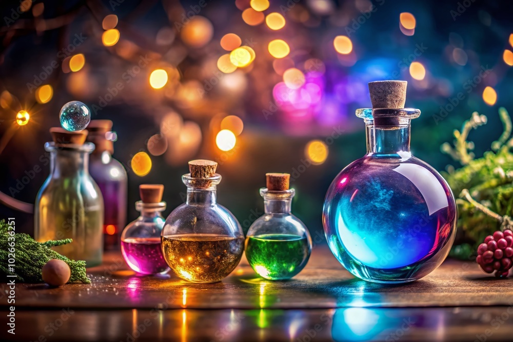 Enchanting bottles and a crystal ball filled with a vibrant magic potion create a mesmerizing still life, evoking a world of mystery and wonder. Enchanting bottles and a crystal ball filled with a vibrant magic potion create a mesmerizing still life, evoking a world of mystery and wonder.