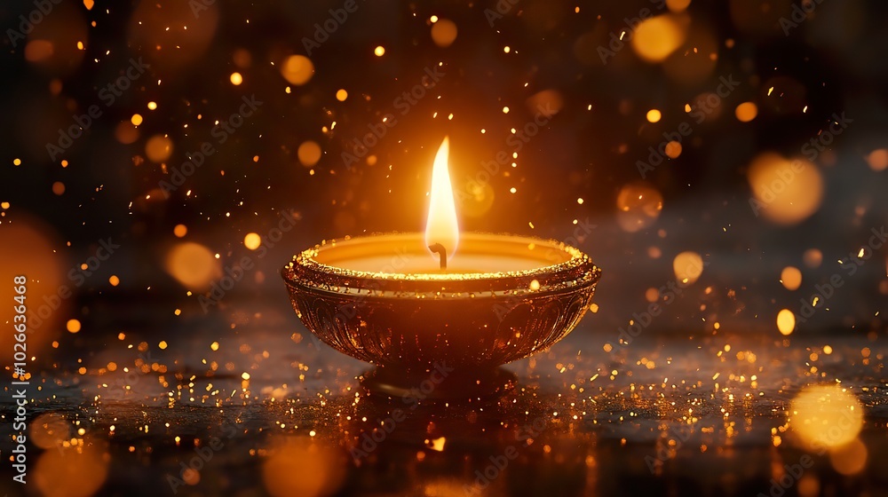 A Diwali candle glowing brightly in a brass holder, surrounded by small golden sparkles in the air A Diwali candle glowing brightly in a brass holder, surrounded by small golden sparkles in the air