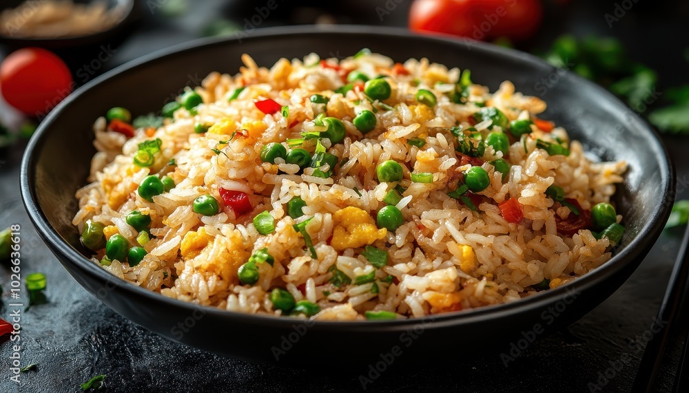Delicious egg fried rice served in a bowl with fresh vegetables and herbs Delicious egg fried rice served in a bowl with fresh vegetables and herbs