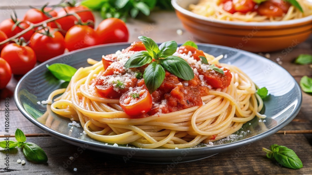 Delicious Italian pasta dish with tomato sauce and parmesan served with fresh basil. Generative AI Delicious Italian pasta dish with tomato sauce and parmesan served with fresh basil. Generative AI