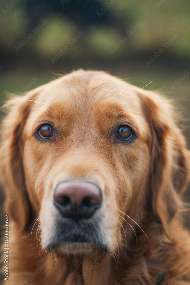 Vertical, close up portrait of a soulful golden retriever looking at the camera. Vertical, close up portrait of a soulful golden retriever looking at the camera.