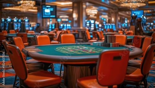 A busy casino blackjack table with winning hands displayed at night