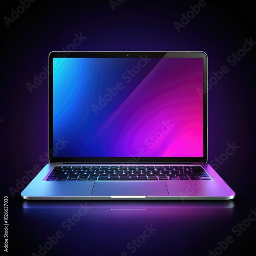 A modern laptop displays vibrant purple and navy colors on its screen. Generative AI