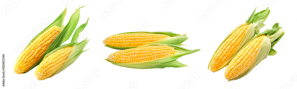Obraz premium set Corn corncob with green leaves ripe vegetables PNG 