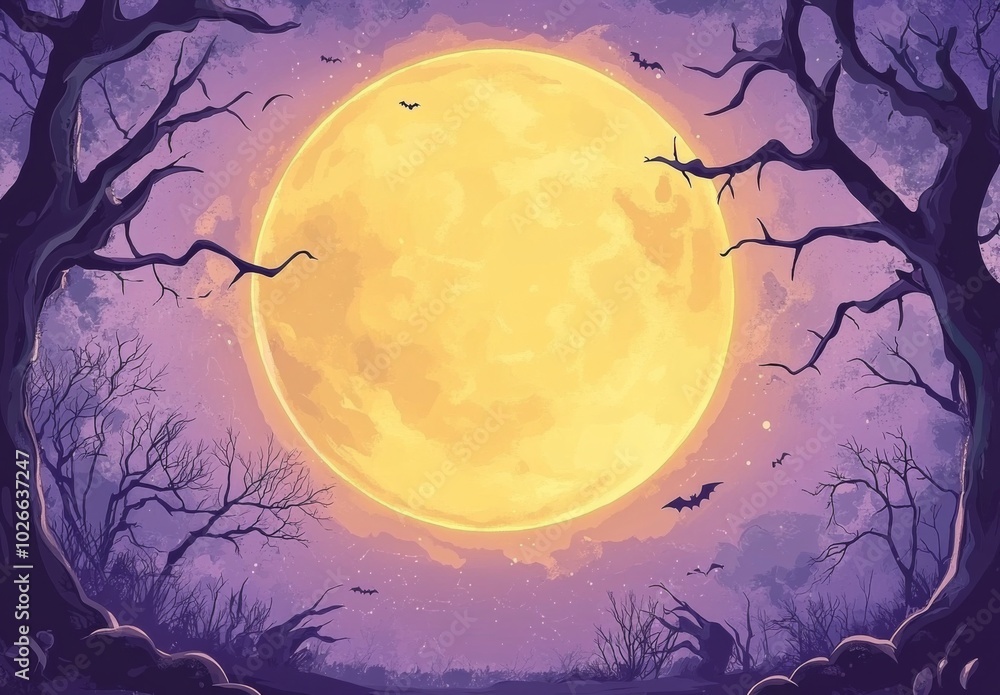 a Halloween background featuring a full moon, using a purple and yellow color scheme. The design includes silhouettes of spooky trees, haunted houses, and pumpkins in the corners a Halloween background featuring a full moon, using a purple and yellow color scheme. The design includes silhouettes of spooky trees, haunted houses, and pumpkins in the corners