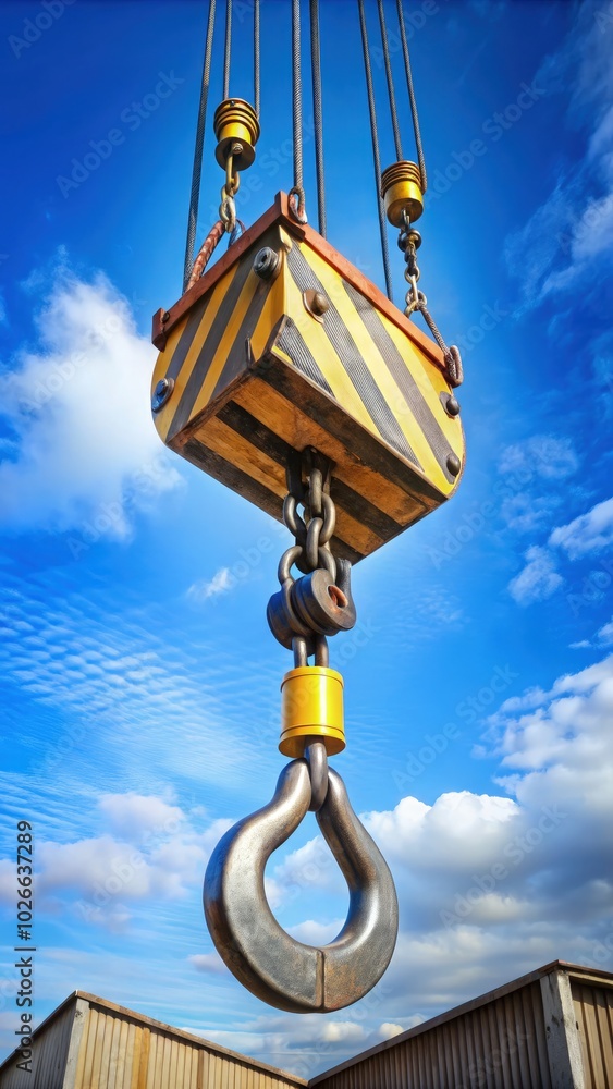 Crane hook and load block against a cloudy blue sky at a construction site. Generative AI Crane hook and load block against a cloudy blue sky at a construction site. Generative AI
