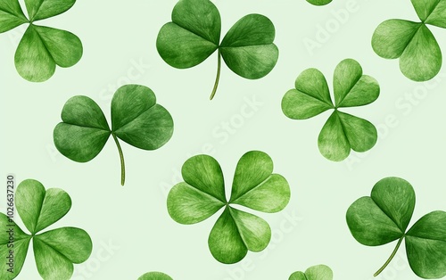 Repeating pattern of clover leaves on a light green background, perfect for a lucky, nature-inspired design