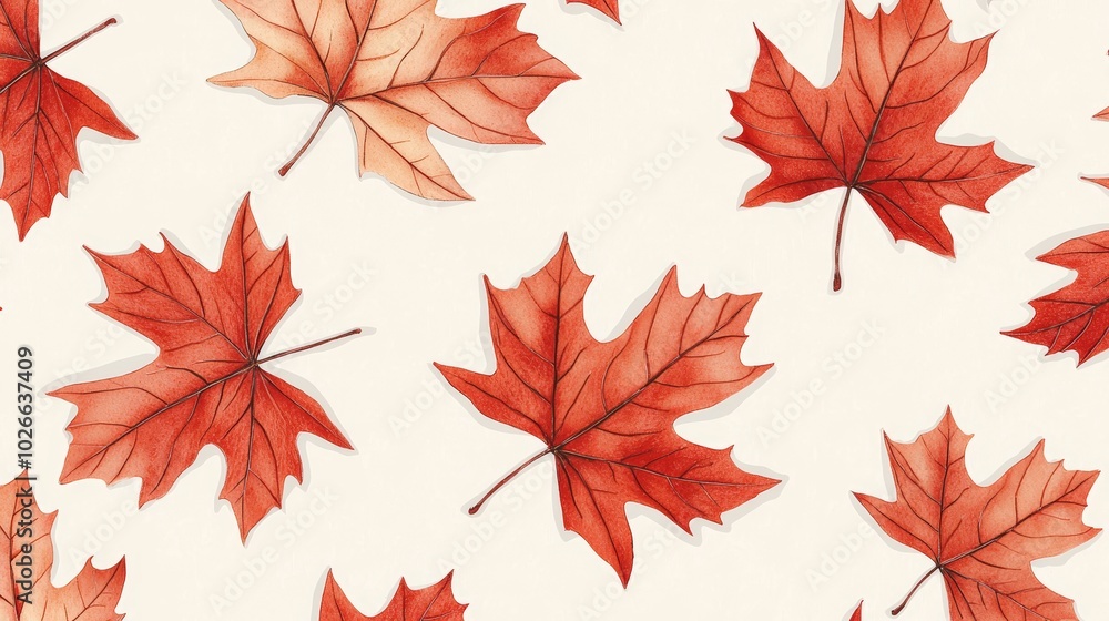 Repeating pattern of maple leaves in vibrant red and orange on a pale yellow background, perfect for a fall-inspired look Repeating pattern of maple leaves in vibrant red and orange on a pale yellow background, perfect for a fall-inspired look