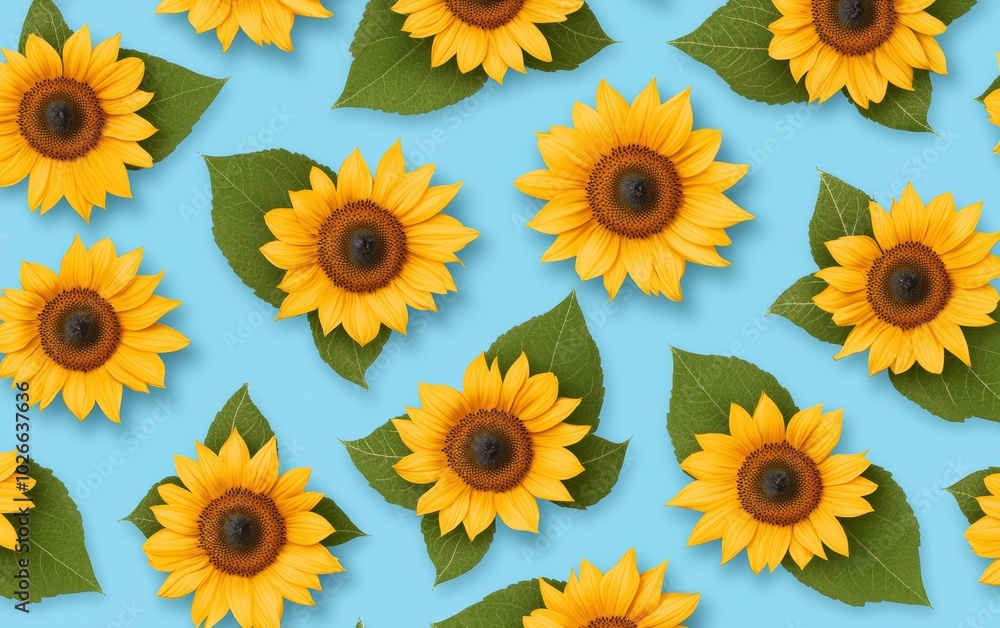 Obraz premium Repeating pattern of sunflowers with bold yellow petals and green leaves on a light blue background for a cheerful, natural vibe