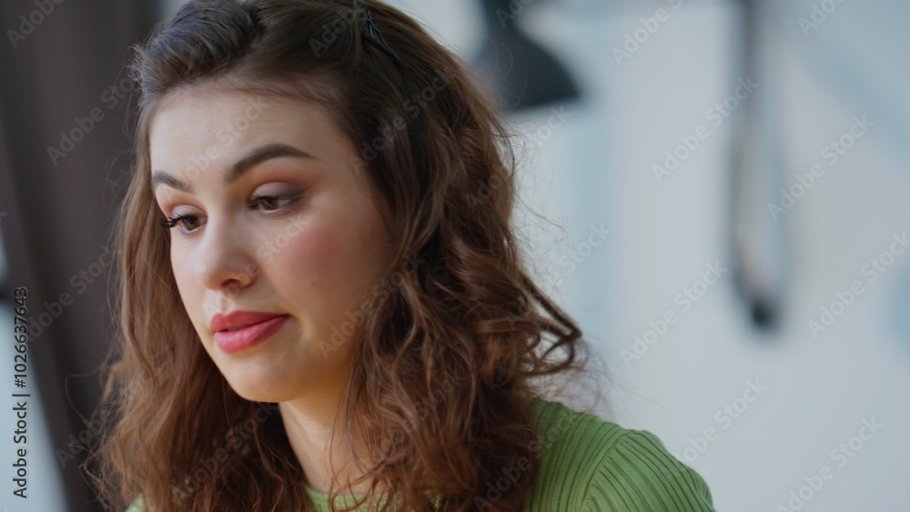 Fototapeta premium Mad lady speaking video in office closeup. Woman professional closing laptop