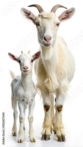 A mama goat stands proudly beside her baby against a white background. Generative AI