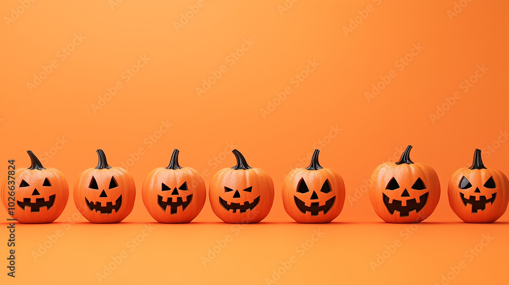 halloween scary pumpkins in a row on a orange background halloween scary pumpkins in a row on a orange background