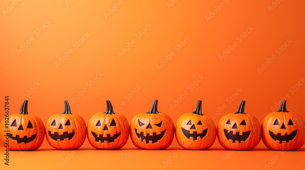 halloween scary pumpkins in a row on a orange background halloween scary pumpkins in a row on a orange background