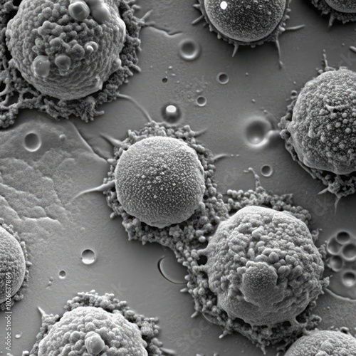 Mesenchymal stem cells actively producing and releasing exosomes under microscopy. Generative AI photo