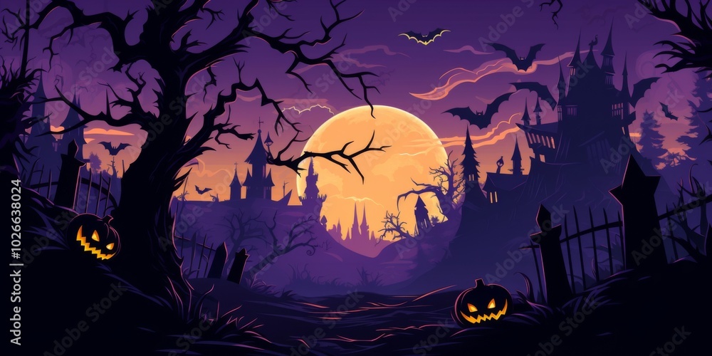 a Halloween background featuring a full moon, using a purple and yellow color scheme. The design includes silhouettes of spooky trees, haunted houses, and pumpkins in the corners a Halloween background featuring a full moon, using a purple and yellow color scheme. The design includes silhouettes of spooky trees, haunted houses, and pumpkins in the corners