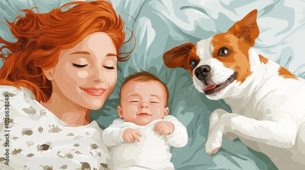Serene Family Bonding - Minimalist Anime Vector Illustration of Red-Haired Woman, Baby Son, and Jack Russell Terrier in Bed Serene Family Bonding - Minimalist Anime Vector Illustration of Red-Haired Woman, Baby Son, and Jack Russell Terrier in Bed