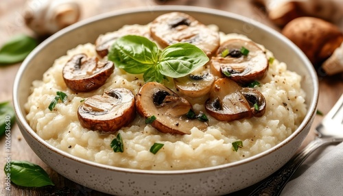 Creamy mushroom risotto served in a bowl with fresh basil on a wooden table