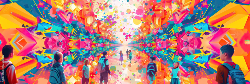 Electric Eclectic: An explosion of vibrant colors in a kaleidoscope pattern energizes this abstract school background, showcasing a diverse and inclusive learning community. Electric Eclectic: An explosion of vibrant colors in a kaleidoscope pattern energizes this abstract school background, showcasing a diverse and inclusive learning community.
