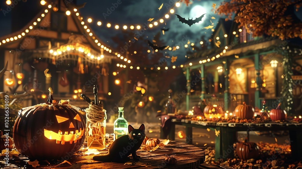 3D backdrop for photography, featuring a Halloween scene with a black cat and... 3D backdrop for photography, featuring a Halloween scene with a black cat and...
