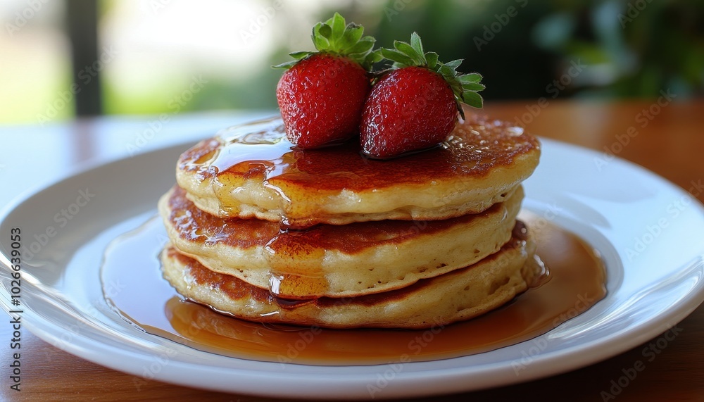 Fluffy pancakes topped with syrup and fresh strawberries on a breakfast table Fluffy pancakes topped with syrup and fresh strawberries on a breakfast table