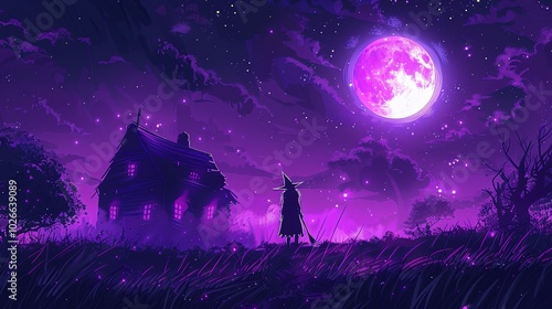 A beautiful purple witch with a pointy hat and broom, standing in front of an... photo