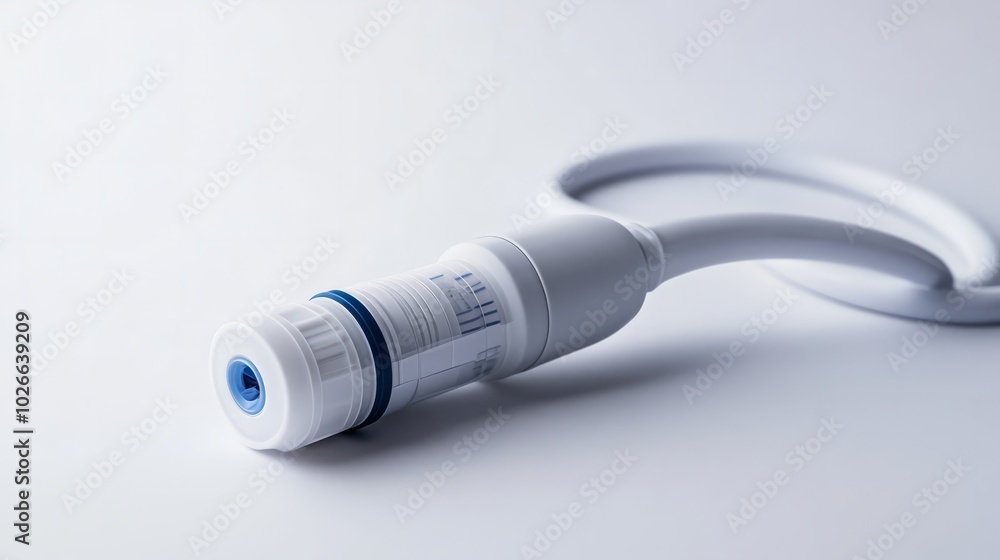 Medical Sensor Cable: Close-up of a sterile white medical sensor cable with a blue connector detail, showcasing precision engineering and medical technology. Medical Sensor Cable: Close-up of a sterile white medical sensor cable with a blue connector detail, showcasing precision engineering and medical technology.