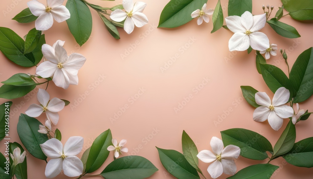 Delicate white flowers and lush green leaves in a geometric frame on pink backdrop Delicate white flowers and lush green leaves in a geometric frame on pink backdrop
