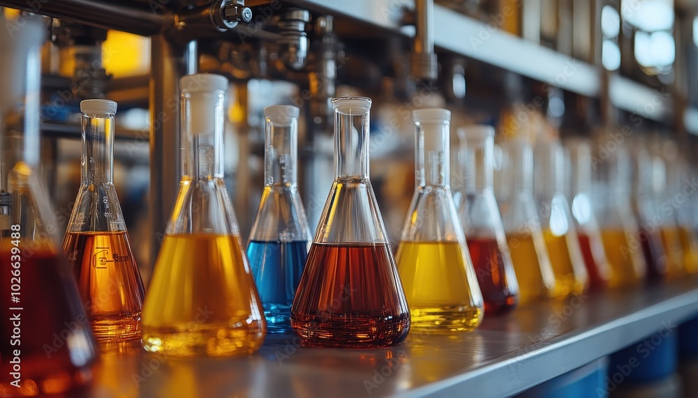 Lab analysis results shown in glassware at a research facility Lab analysis results shown in glassware at a research facility