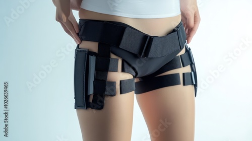 EMS Hip Toning Belt: Close-up shot of a woman wearing a black EMS hip toning belt. The device is designed to stimulate muscles and improve body shape. photo