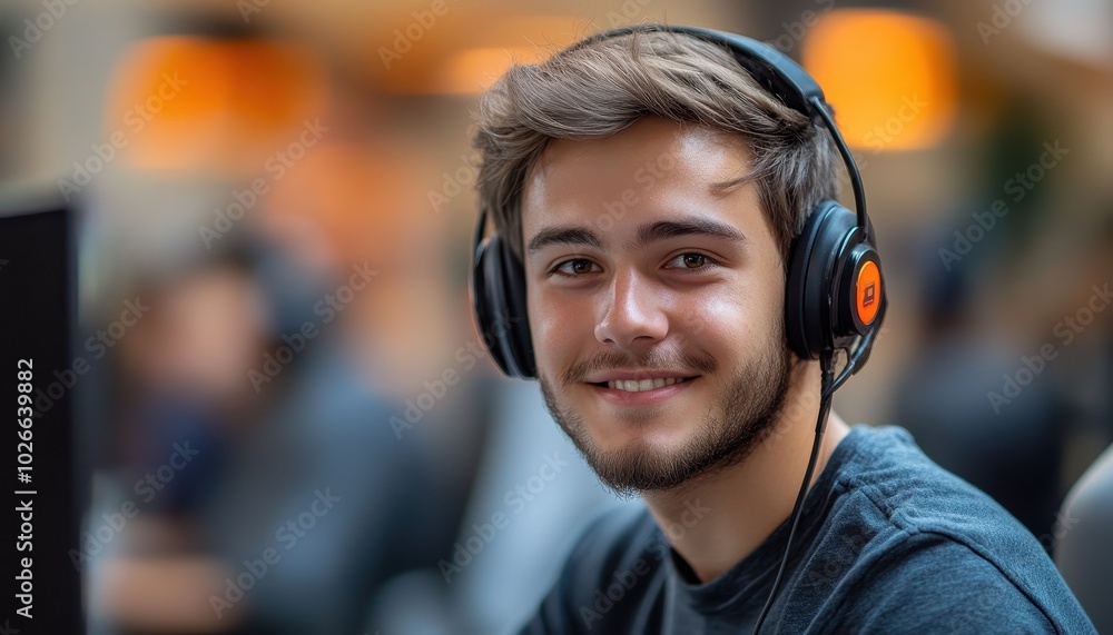 Young man engaged in live chat support with headphones in a busy environment Young man engaged in live chat support with headphones in a busy environment